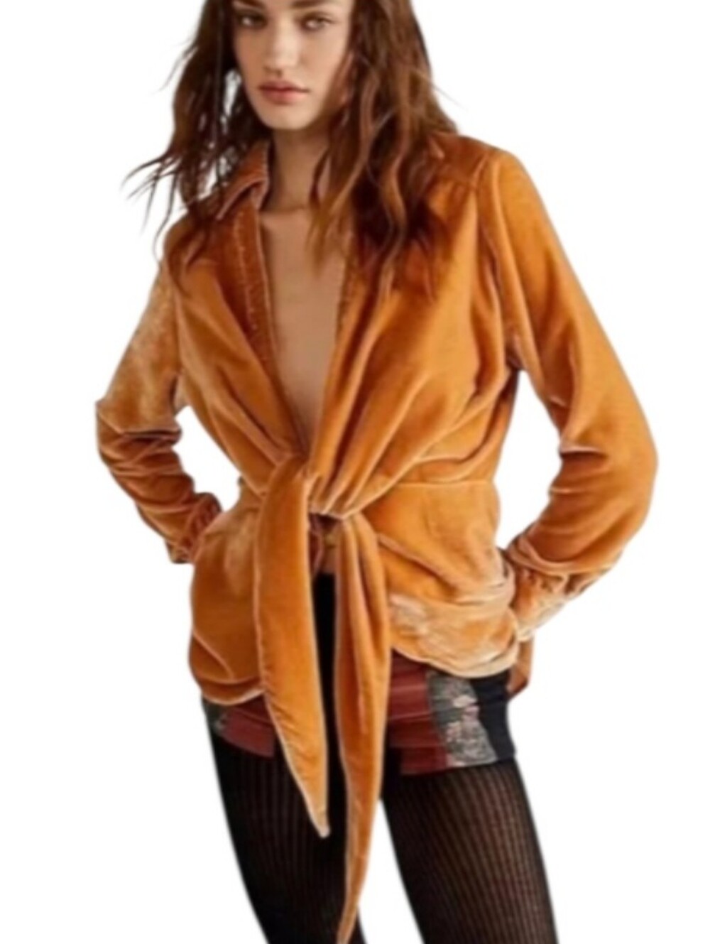 Free People Worlds Apart Velvet Tie-Front Oversized Blouse-NWT